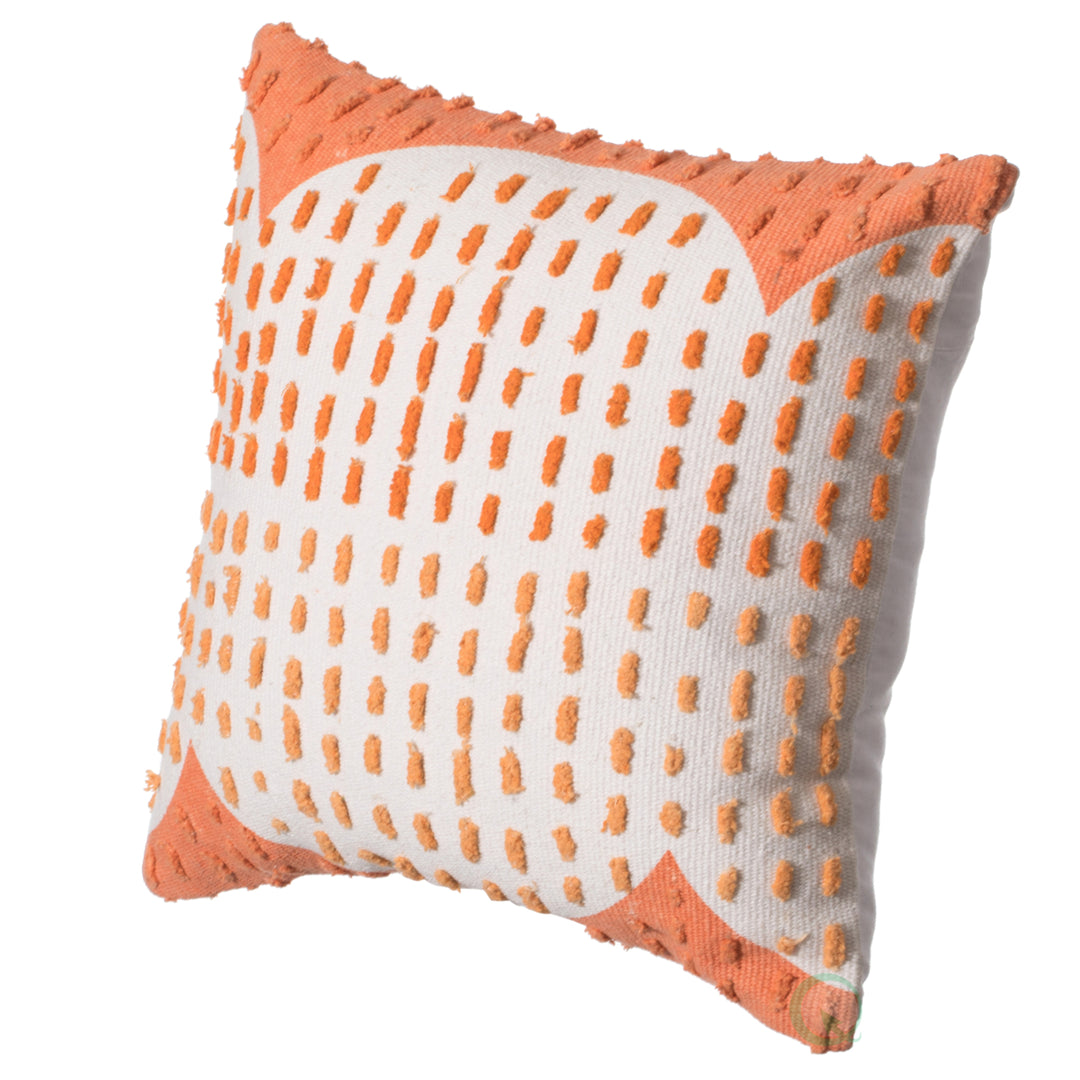 16" Handwoven Cotton Throw Pillow Cover with Ribbed Line Dots and Wave Border Image 1