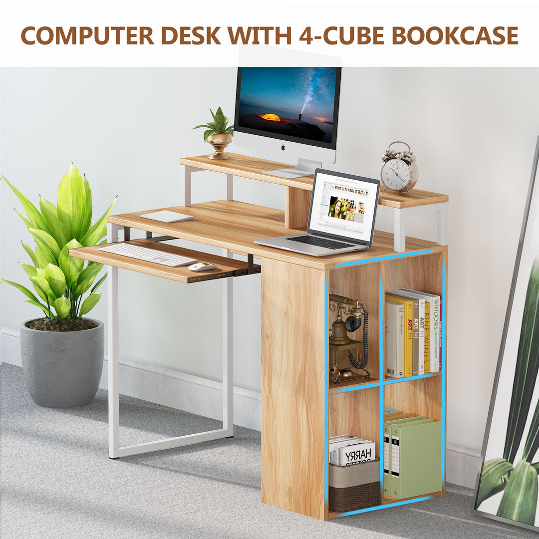 Computer Desk with Keyboard Tray, Desk with Monitor Stand and 4 Cube Storage Shelves Image 3