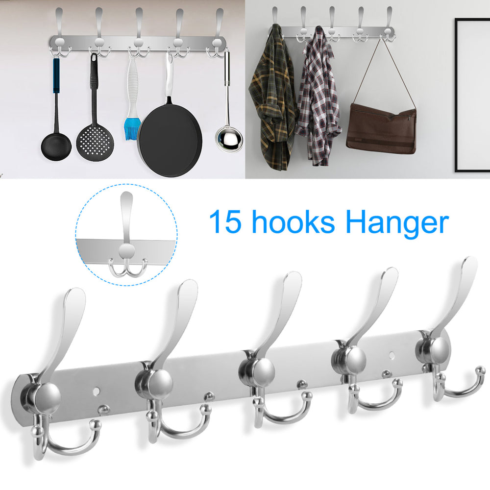 Stainless Steel Wall Mount Coat Hook Rack 15 Hooks Space Saving White 45cm Image 2