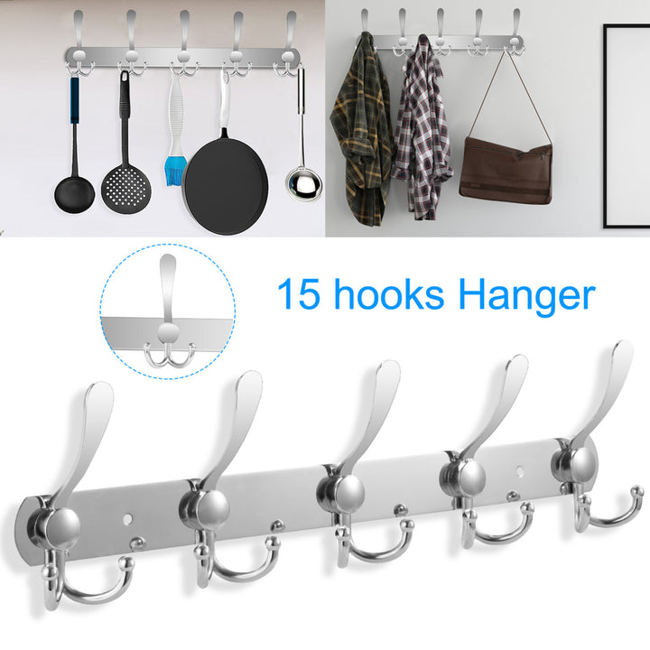 Stainless Steel Wall Mount Coat Hook Rack 15 Hooks Space Saving White 45cm Image 2