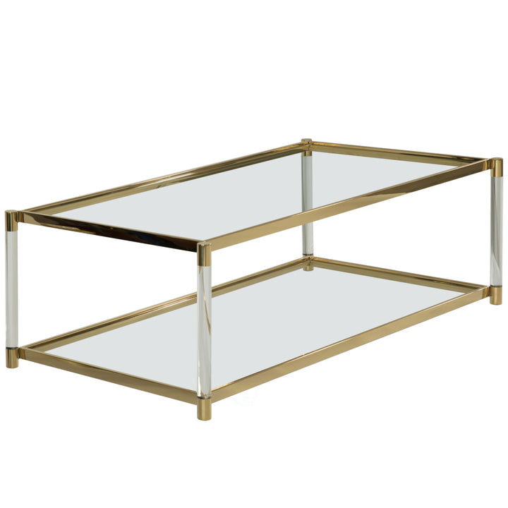 Acrylic Rectangular Modern Gold Metal Coffee Table with Tempered Glass and Shelf for Office, Dining Room, Entryway Image 1