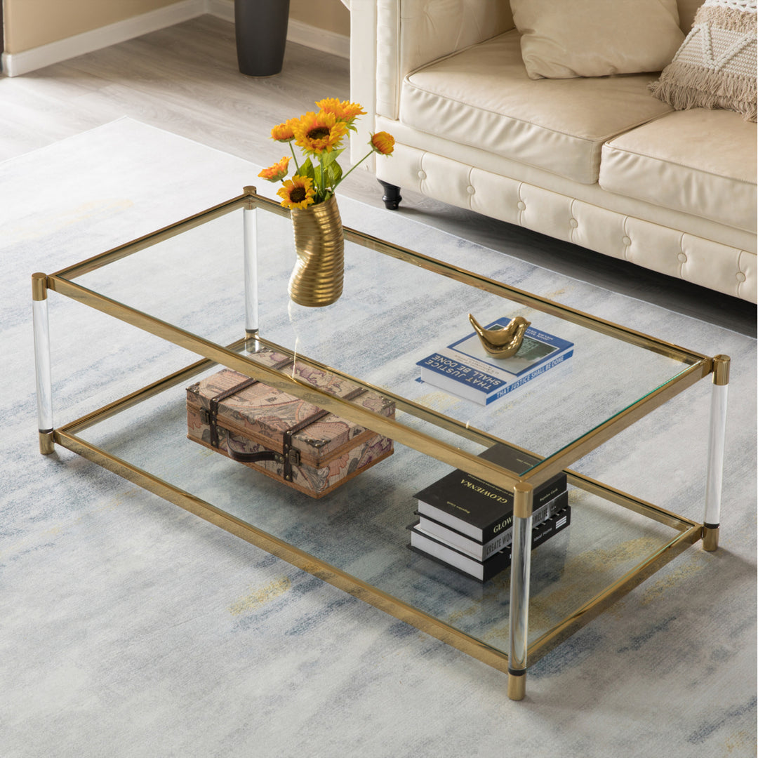 Acrylic Rectangular Modern Gold Metal Coffee Table with Tempered Glass and Shelf for Office, Dining Room, Entryway Image 4