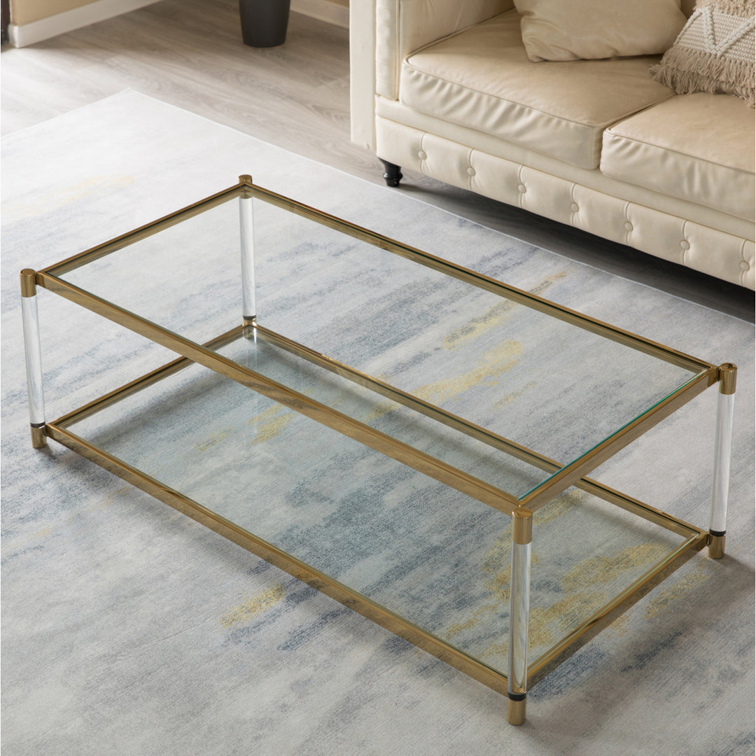 Acrylic Rectangular Modern Gold Metal Coffee Table with Tempered Glass and Shelf for Office, Dining Room, Entryway Image 6