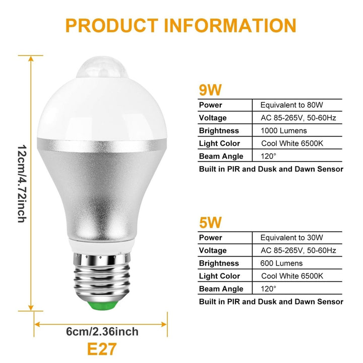 E27 Motion Sensor LED Light Bulb 1000LM 6500K Dusk to Dawn 5W 9W Energy Saving Image 7