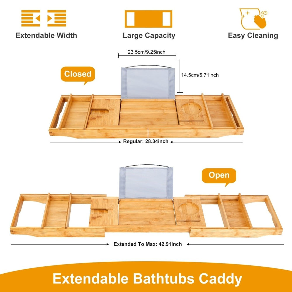 Bamboo Bathtub Caddy Tray Extendable Bath Tray Table Tablet Phone Holder Image 2