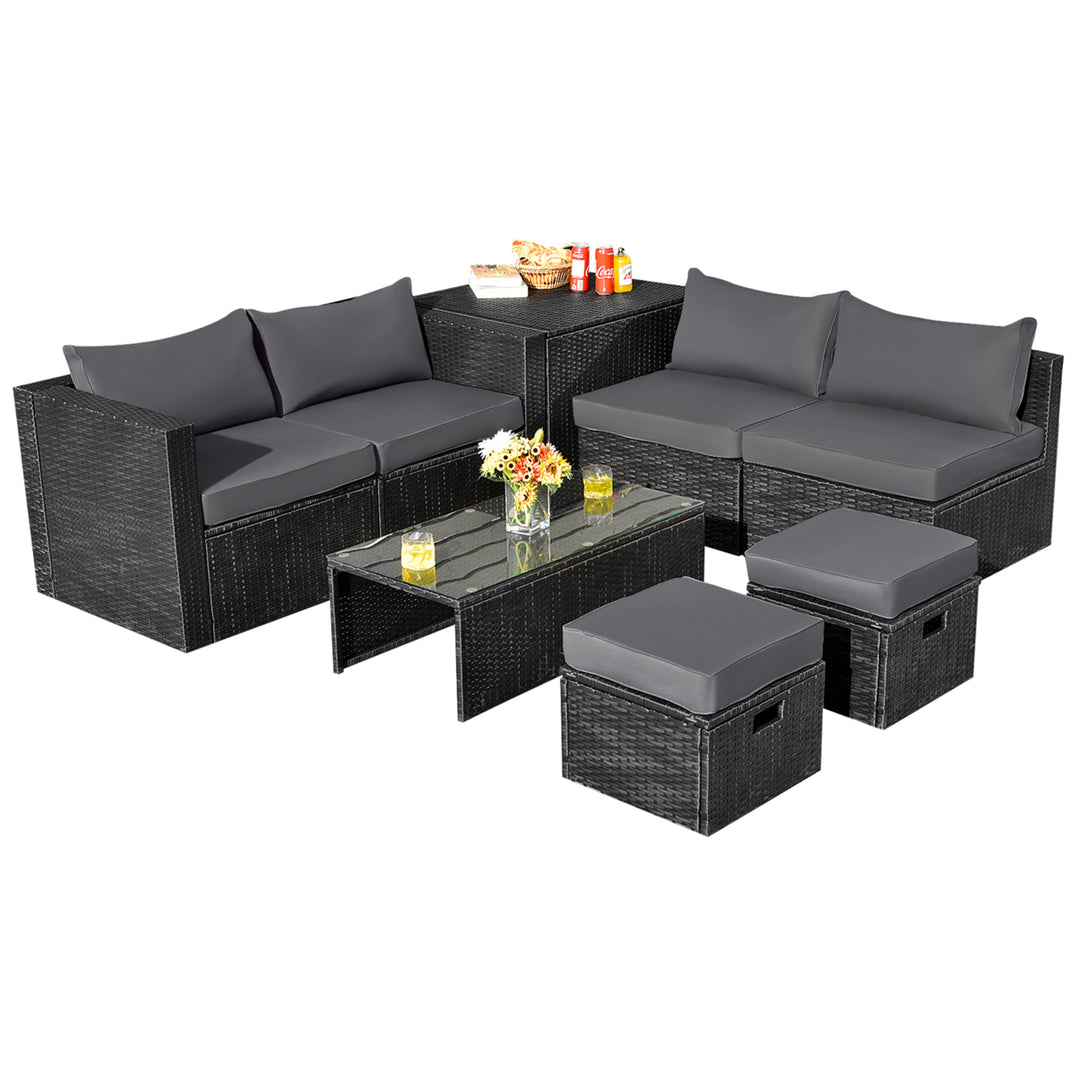 8PCS Rattan Patio Sectional Furniture Set w/ Waterproof Cover and Grey Cushions Image 1