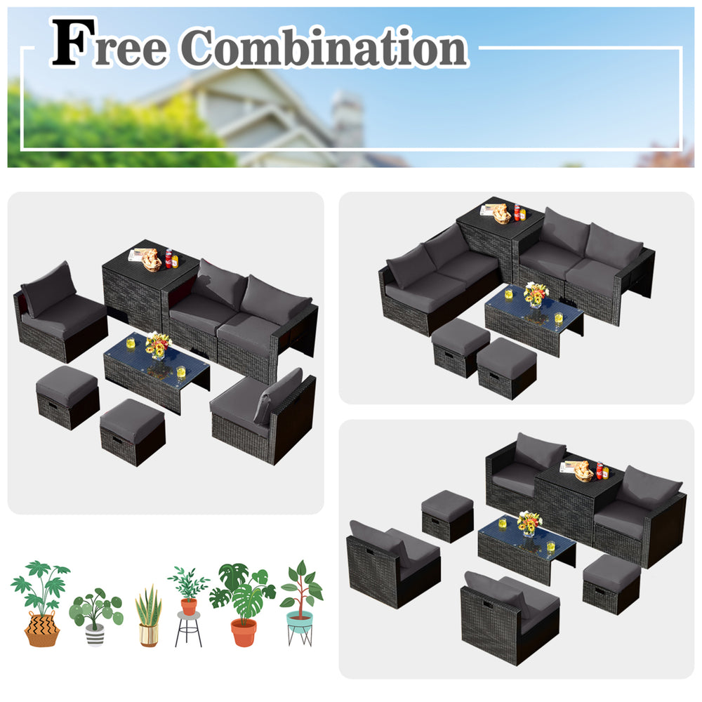 8PCS Rattan Patio Sectional Furniture Set w/ Waterproof Cover and Grey Cushions Image 2