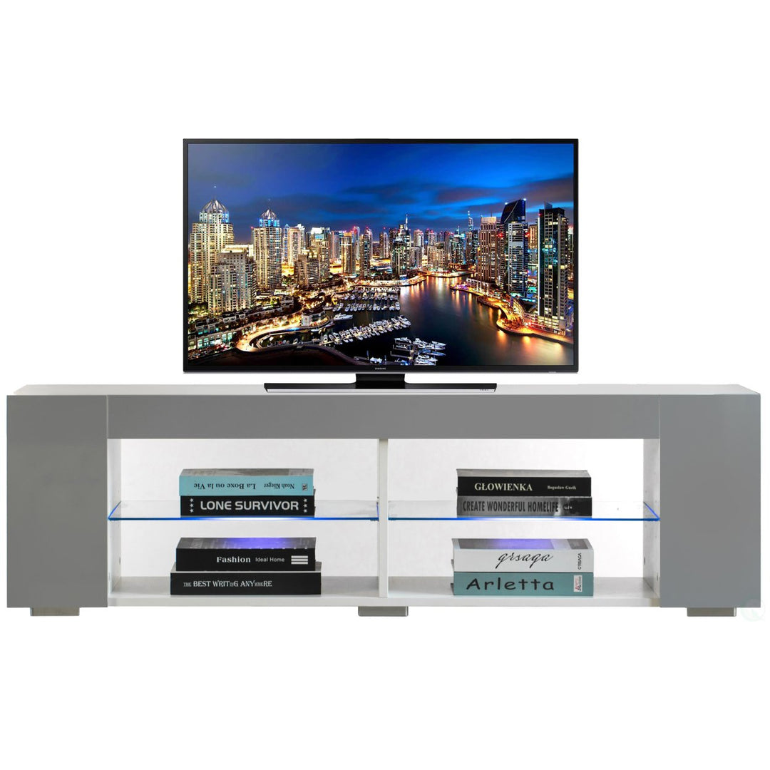 White LED TV Stand with Glass Shelves 52.75" Modern Entertainment Center Furniture Image 1