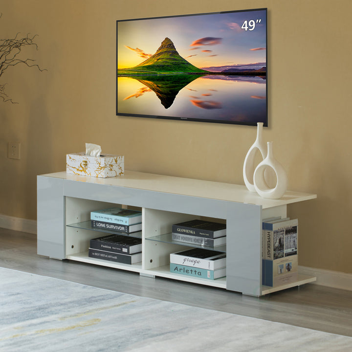 White LED TV Stand with Glass Shelves 52.75" Modern Entertainment Center Furniture Image 2