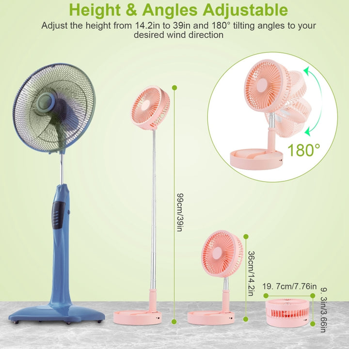 Portable Folding Desk Fan Quiet USB Rechargeable Adjustable Height 4 Speeds White Pink Image 2