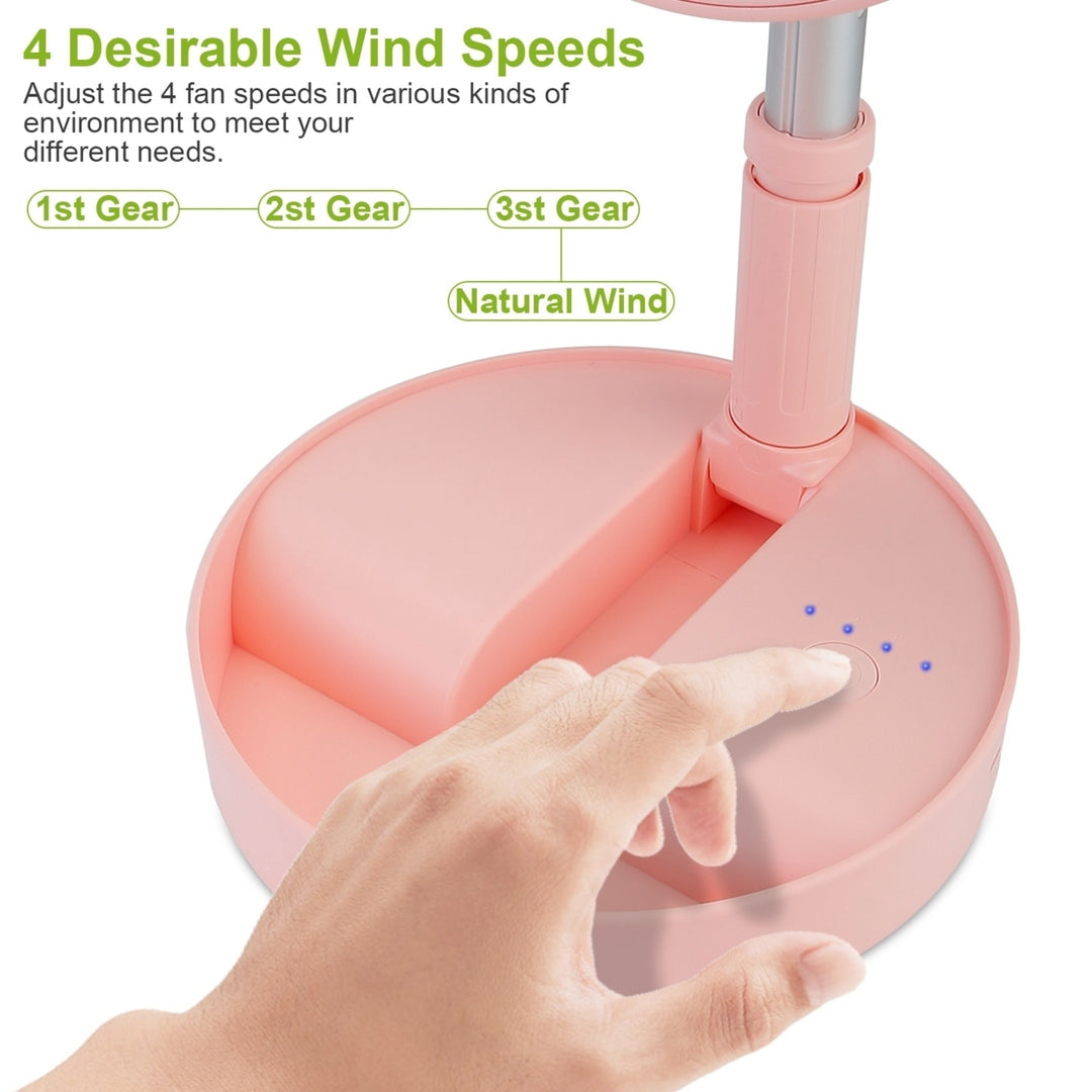 Portable Folding Desk Fan Quiet USB Rechargeable Adjustable Height 4 Speeds White Pink Image 3