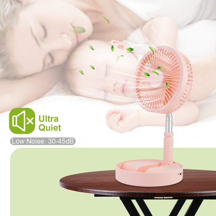 Portable Folding Desk Fan Quiet USB Rechargeable Adjustable Height 4 Speeds White Pink Image 5