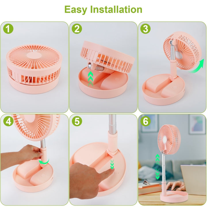 Portable Folding Desk Fan Quiet USB Rechargeable Adjustable Height 4 Speeds White Pink Image 7