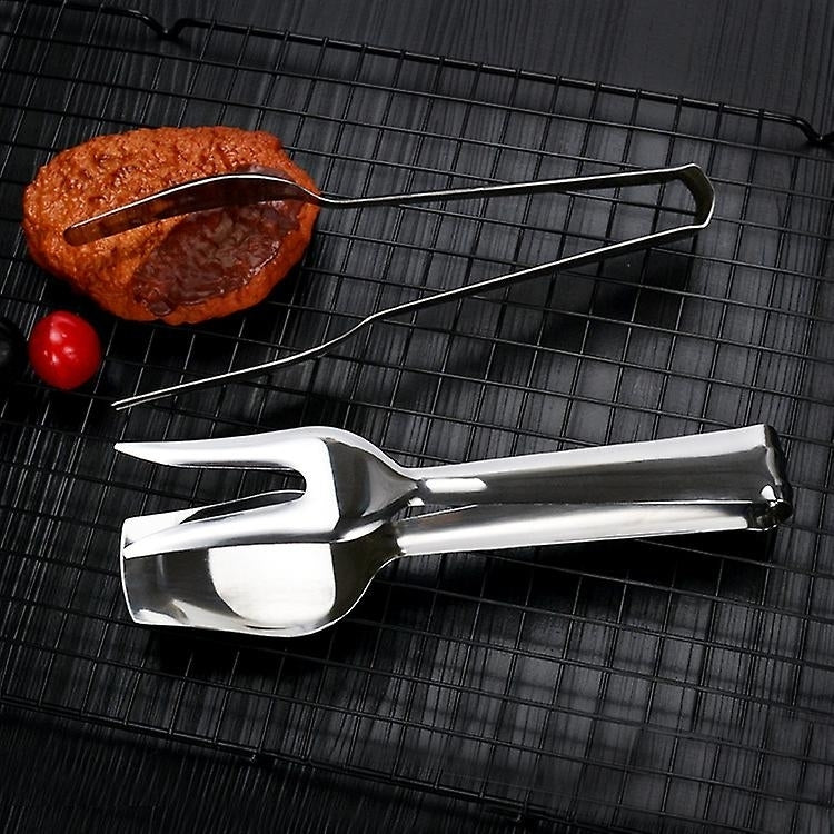 2 Pack Stainless Steel Food Tongs Fork And Spoon Salad Tongs Barbecue Clips Kitchen Tool Image 4