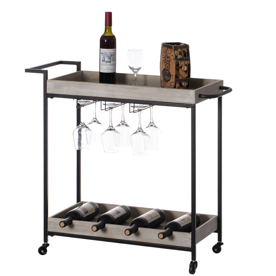 Metal Wine Bar Serving Cart with Rolling Wheels, Wine Rack, and Glass Holder Image 1