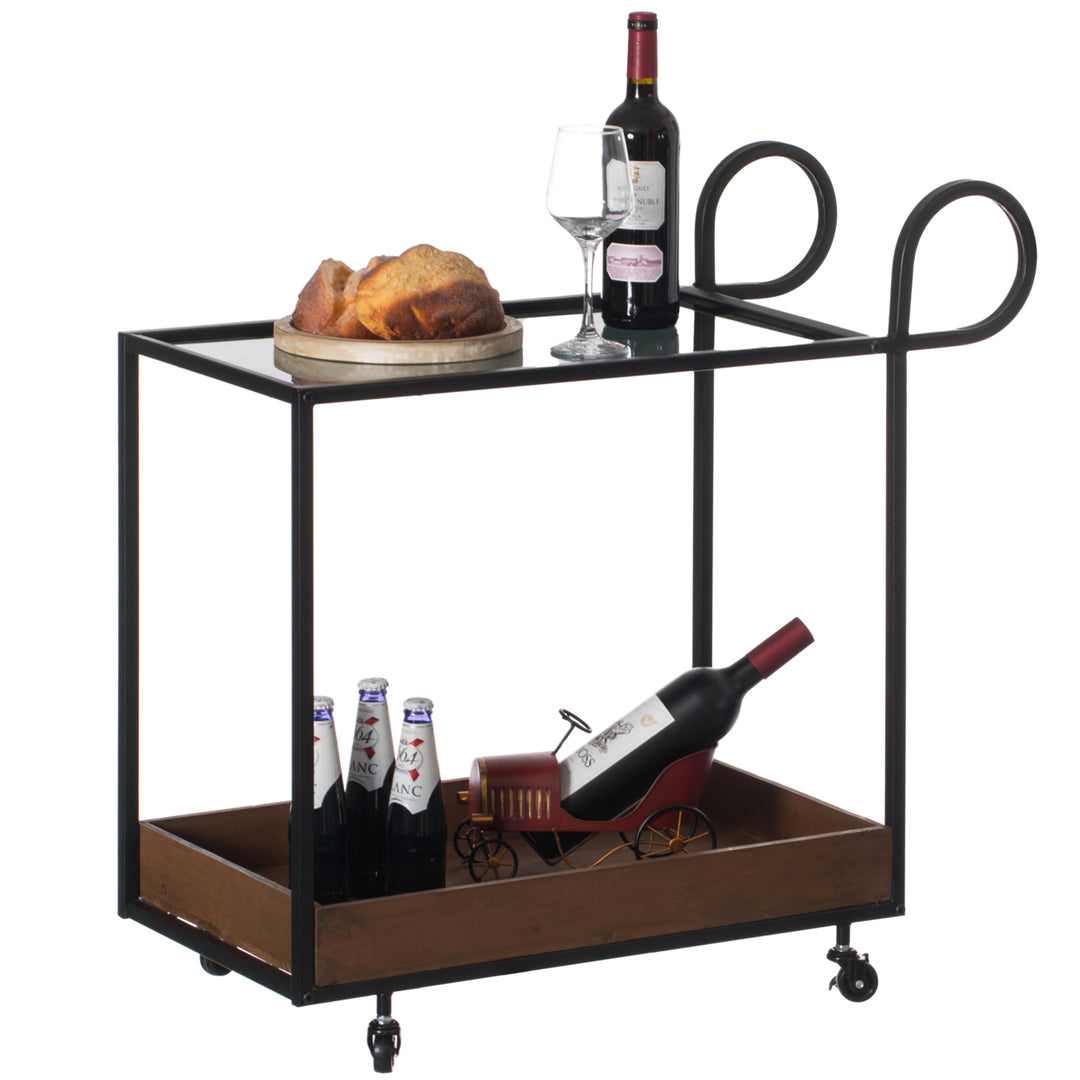 Metal Wine Bar Cart Rolling Wheels Glass Shelf for Kitchen Living Room 31.5"W Image 1