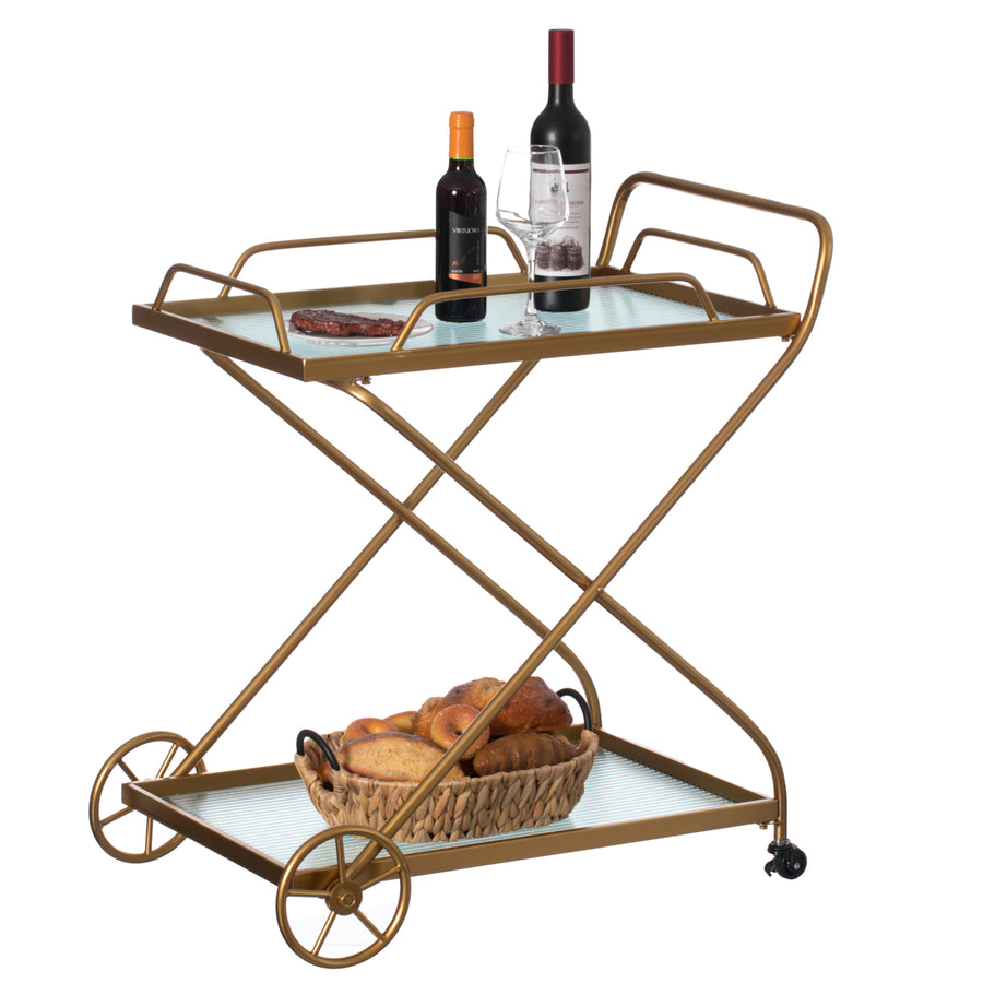 Gold Metal Wine Bar Serving Cart with Rolling Wheels and Handles for Dining, Living room or Entryway Image 1
