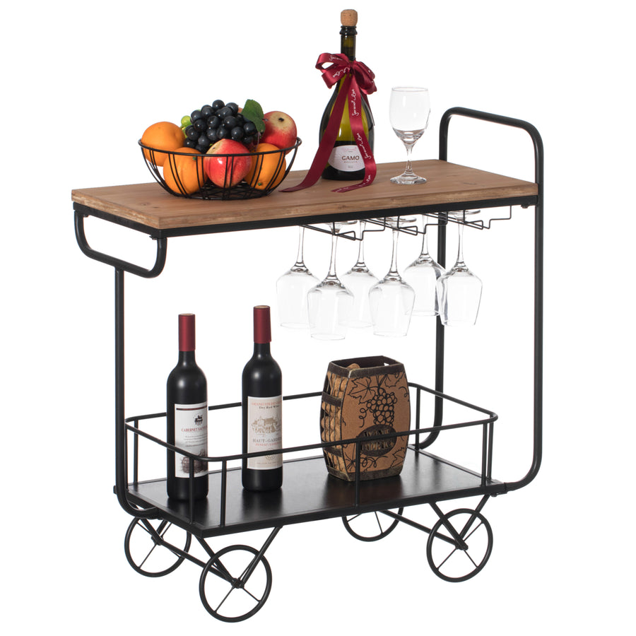 Metal Wine Bar Serving Cart with Rolling Wheels, Glass Holder, and Wine Rack Image 1