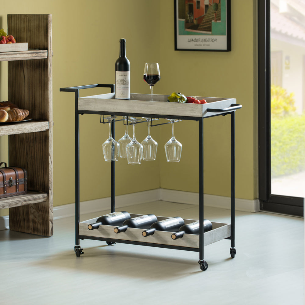 Metal Wine Bar Serving Cart with Rolling Wheels, Wine Rack, and Glass Holder Image 2