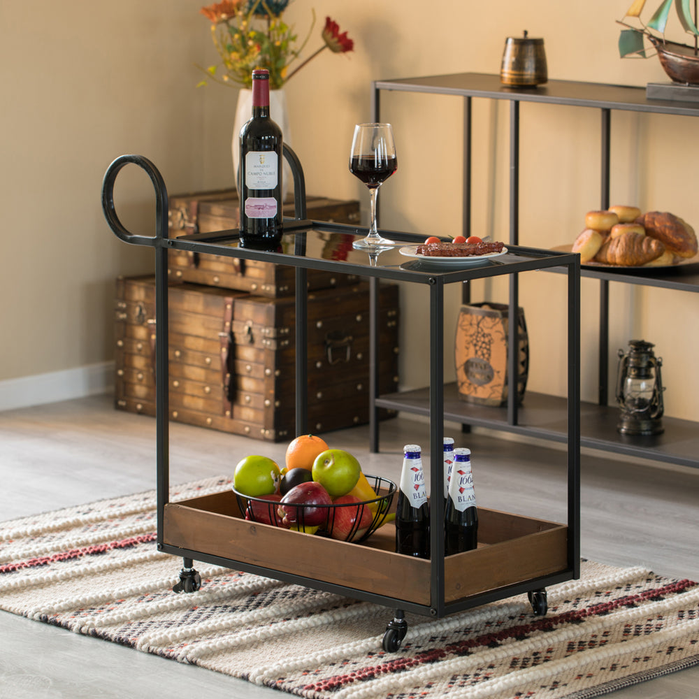 Metal Wine Bar Cart Rolling Wheels Glass Shelf for Kitchen Living Room 31.5"W Image 2