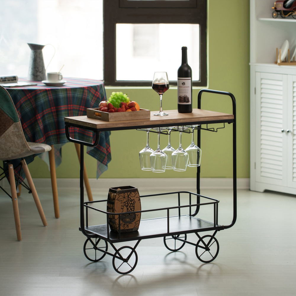 Metal Wine Bar Serving Cart with Rolling Wheels, Glass Holder, and Wine Rack Image 2