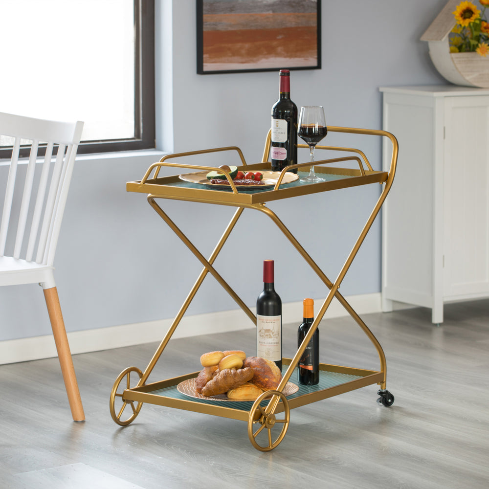 Gold Metal Wine Bar Serving Cart with Rolling Wheels and Handles for Dining, Living room or Entryway Image 2