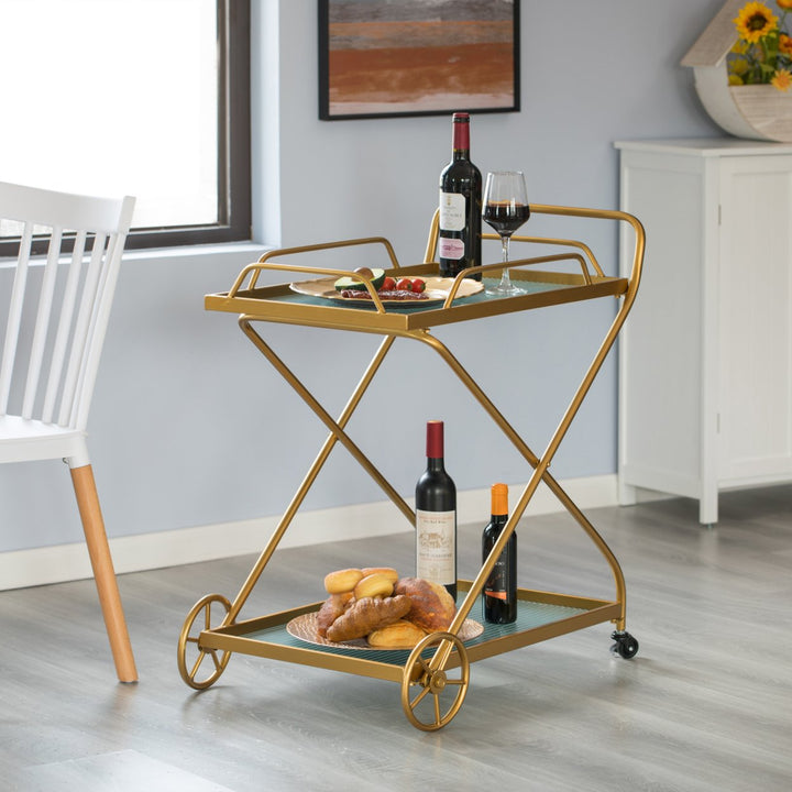 Gold Metal Wine Serving Cart Rolling Wheels Glass Shelves 27.5in for Dining Room Image 2