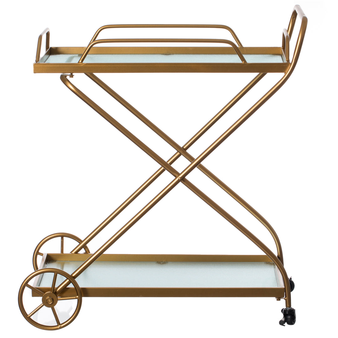 Gold Metal Wine Serving Cart Rolling Wheels Glass Shelves 27.5in for Dining Room Image 3