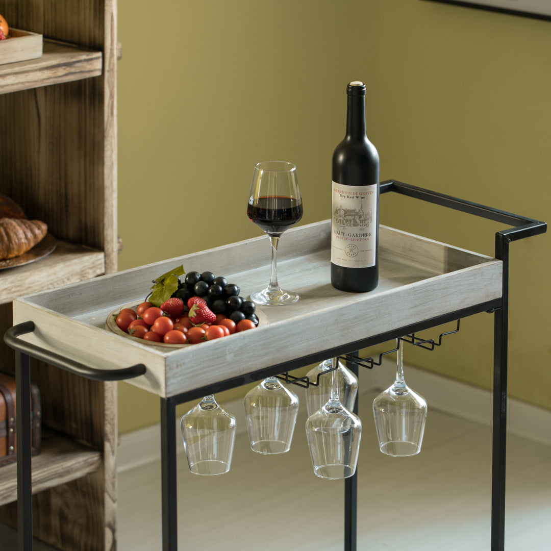 Metal Wine Bar Serving Cart with Rolling Wheels, Wine Rack, and Glass Holder Image 5