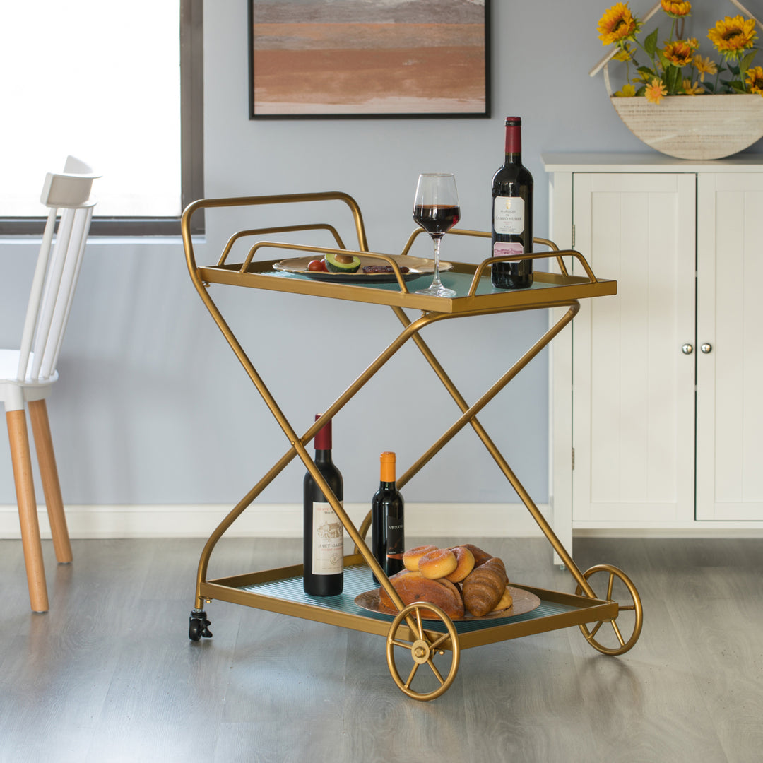 Gold Metal Wine Serving Cart Rolling Wheels Glass Shelves 27.5in for Dining Room Image 5