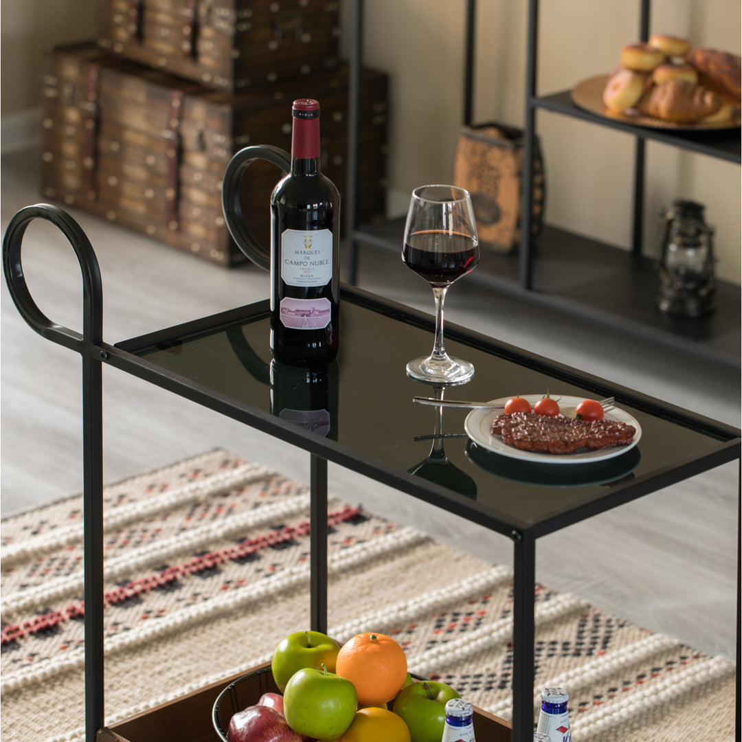 Metal Wine Bar Cart Rolling Wheels Glass Shelf for Kitchen Living Room 31.5"W Image 5