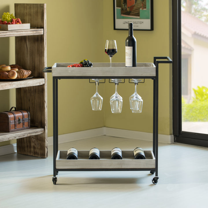 Metal Wine Bar Serving Cart with Rolling Wheels, Wine Rack, and Glass Holder Image 6