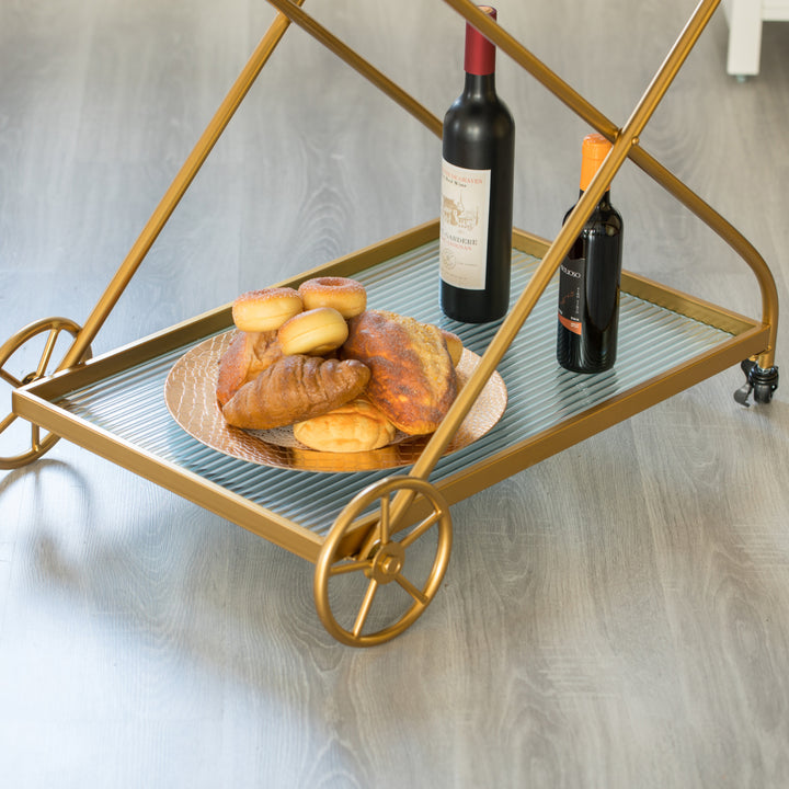 Gold Metal Wine Serving Cart Rolling Wheels Glass Shelves 27.5in for Dining Room Image 6