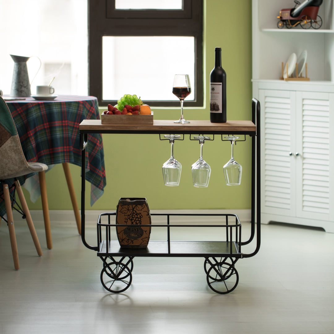 Metal Wine Bar Serving Cart with Rolling Wheels, Glass Holder, and Wine Rack Image 6