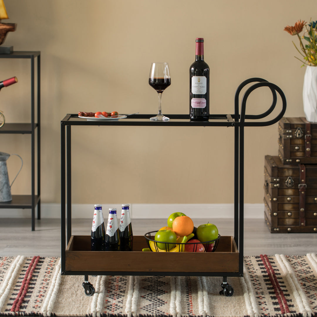 Metal Wine Bar Cart Rolling Wheels Glass Shelf for Kitchen Living Room 31.5"W Image 6