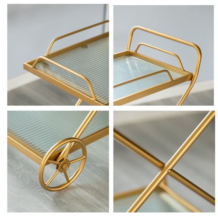 Gold Metal Wine Serving Cart Rolling Wheels Glass Shelves 27.5in for Dining Room Image 7