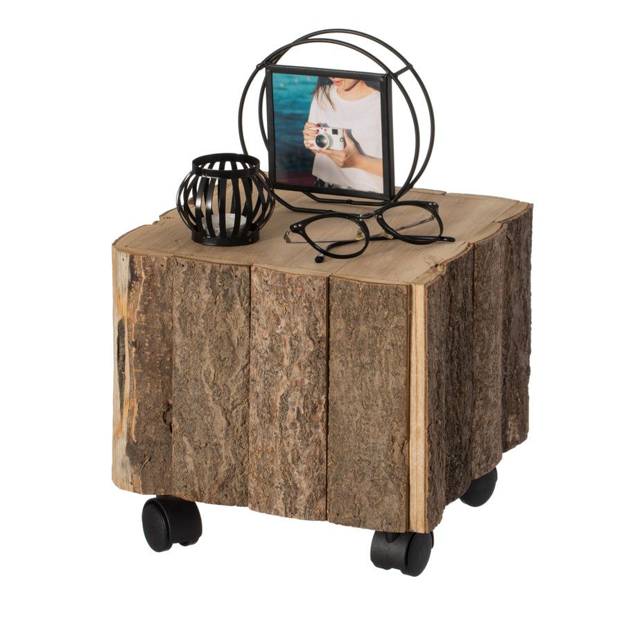 Accent Decorative Natural Wooden Square Stump Stool, with Wheels for Indoor and Outdoor Image 1