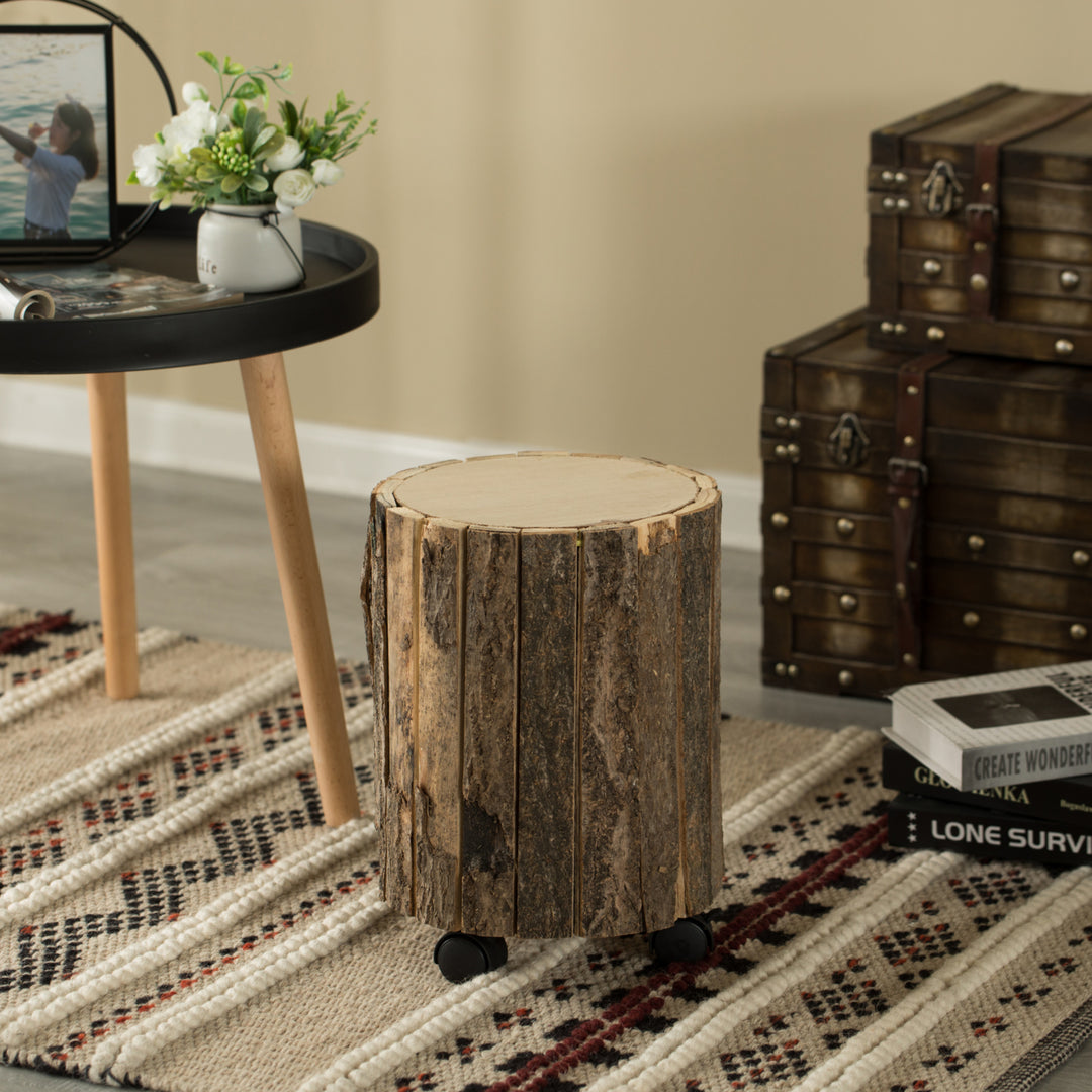 Natural Wooden Stump Stool with Wheels 9.75" Rustic Accent Indoor Outdoor Use Image 3