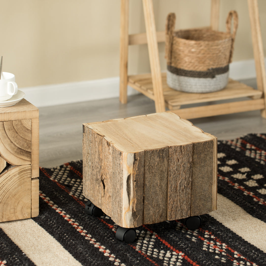 Accent Decorative Natural Wooden Square Stump Stool, with Wheels for Indoor and Outdoor Image 3
