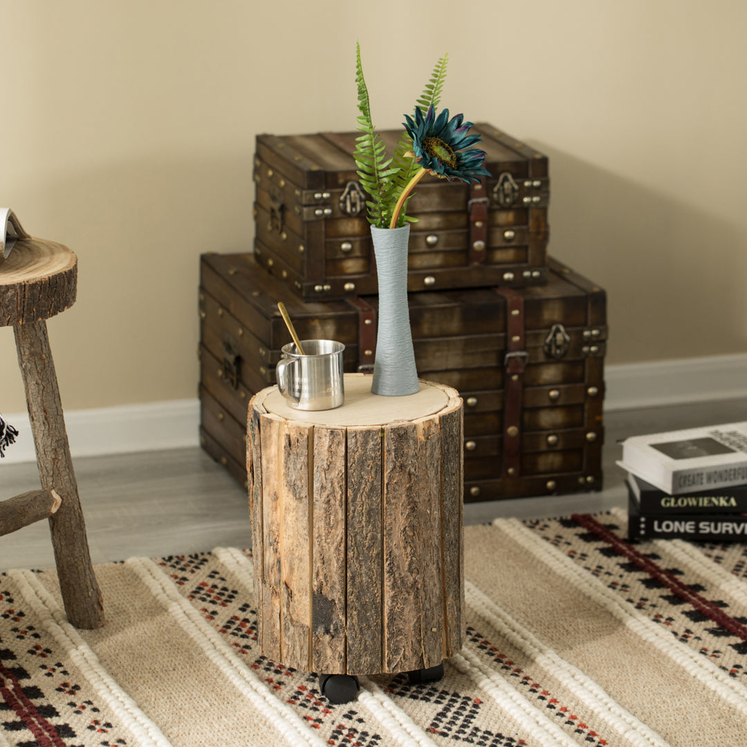 Natural Wooden Stump Stool with Wheels 9.75" Rustic Accent Indoor Outdoor Use Image 5