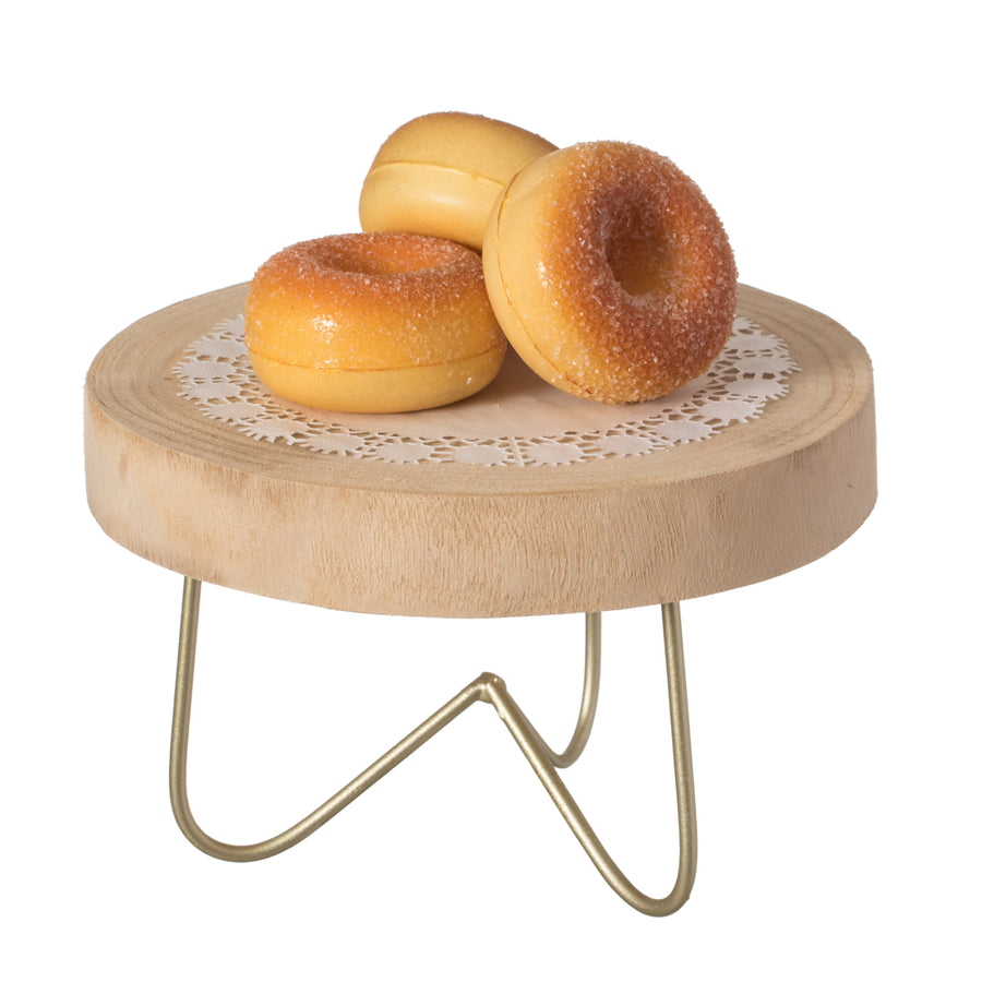 Natural Wood Serving Tray with Gold Metal Stand 7.75 Inch Round Decorative Centerpiece Image 1