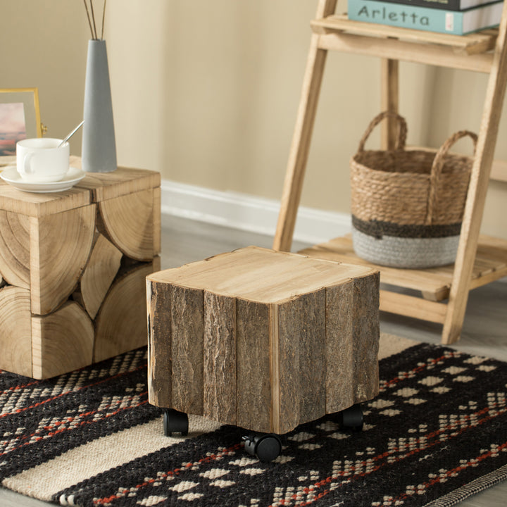Accent Decorative Natural Wooden Square Stump Stool, with Wheels for Indoor and Outdoor Image 6