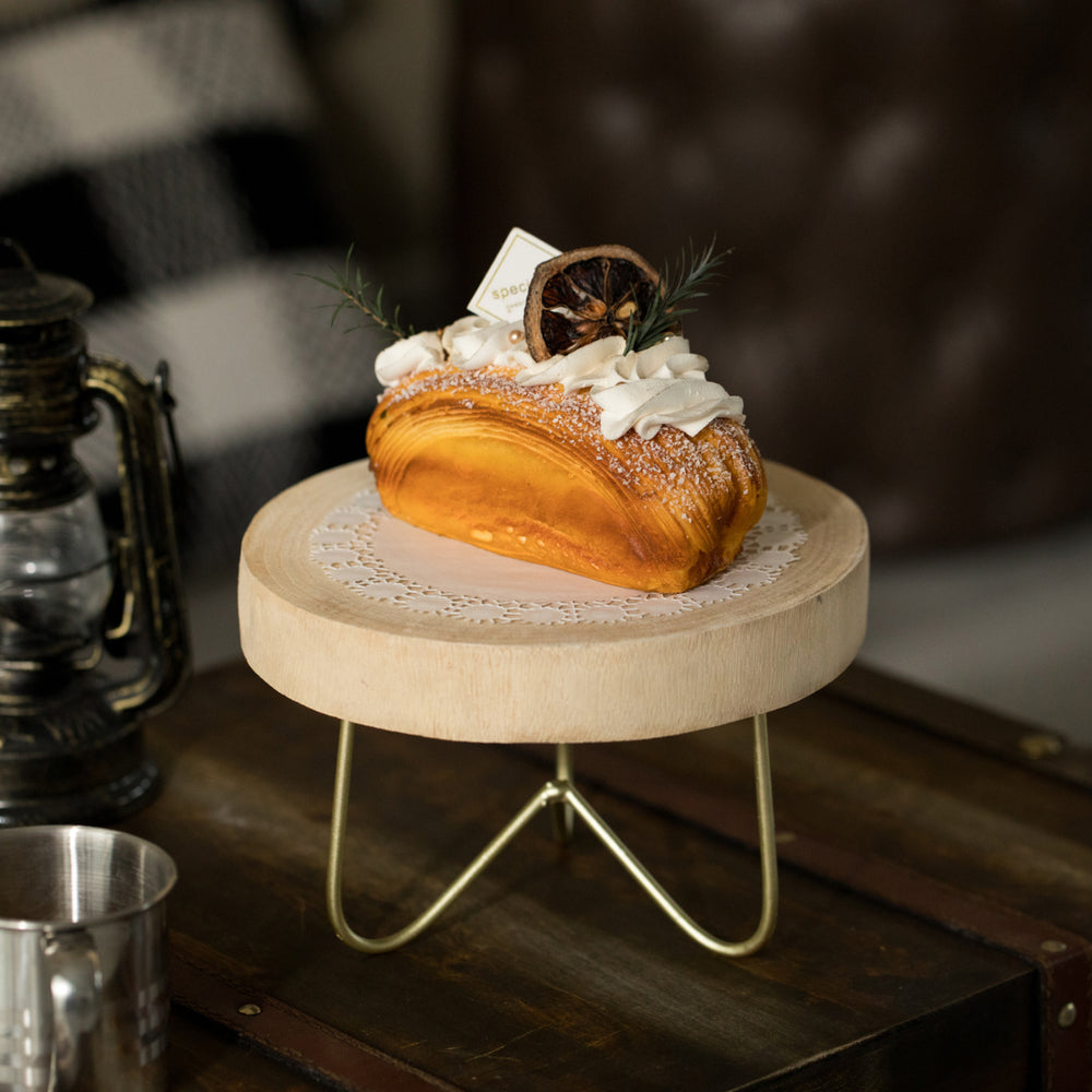 Natural Wood Serving Tray with Gold Metal Stand 7.75 Inch Round Decorative Centerpiece Image 2