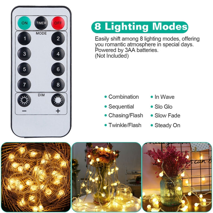 Globe String Lights Waterproof 100 LED 32.8ft Fairy Lamp with 8 Modes Remote Image 3