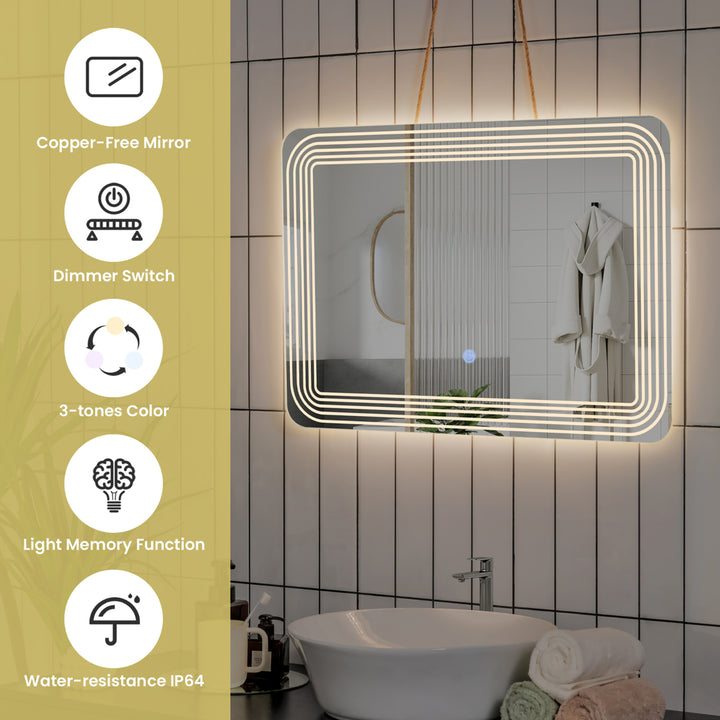 Rectangle Bathroom LED Mirror Wall Mounted 3-Color Dimmable Touch Switch Makeup Image 5