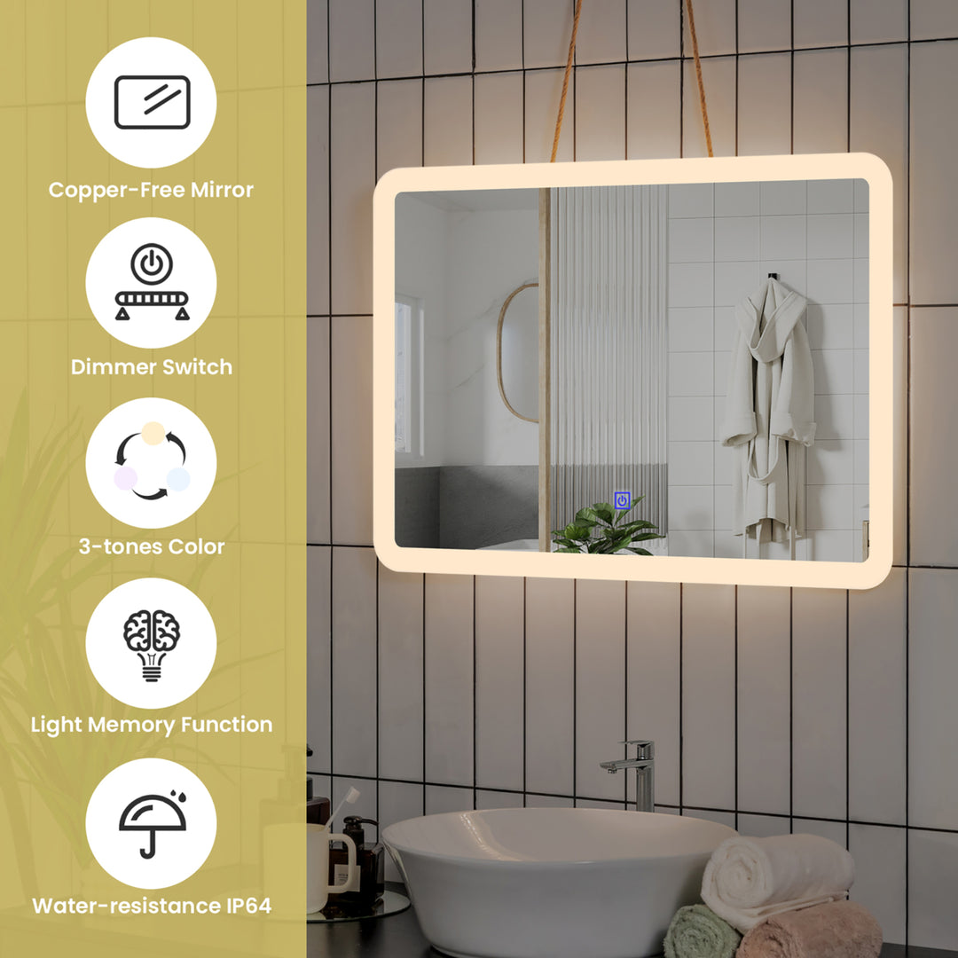 Wall Mounted Rectangle Bathroom LED Mirror Dimmable Touch 3-Color Frameless Image 6