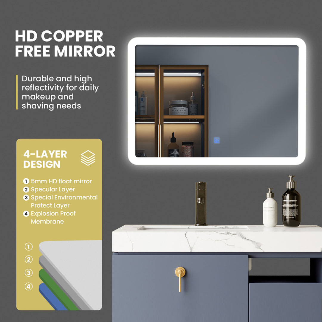 Wall Mounted Rectangle Bathroom LED Mirror Dimmable Touch 3-Color Frameless Image 8