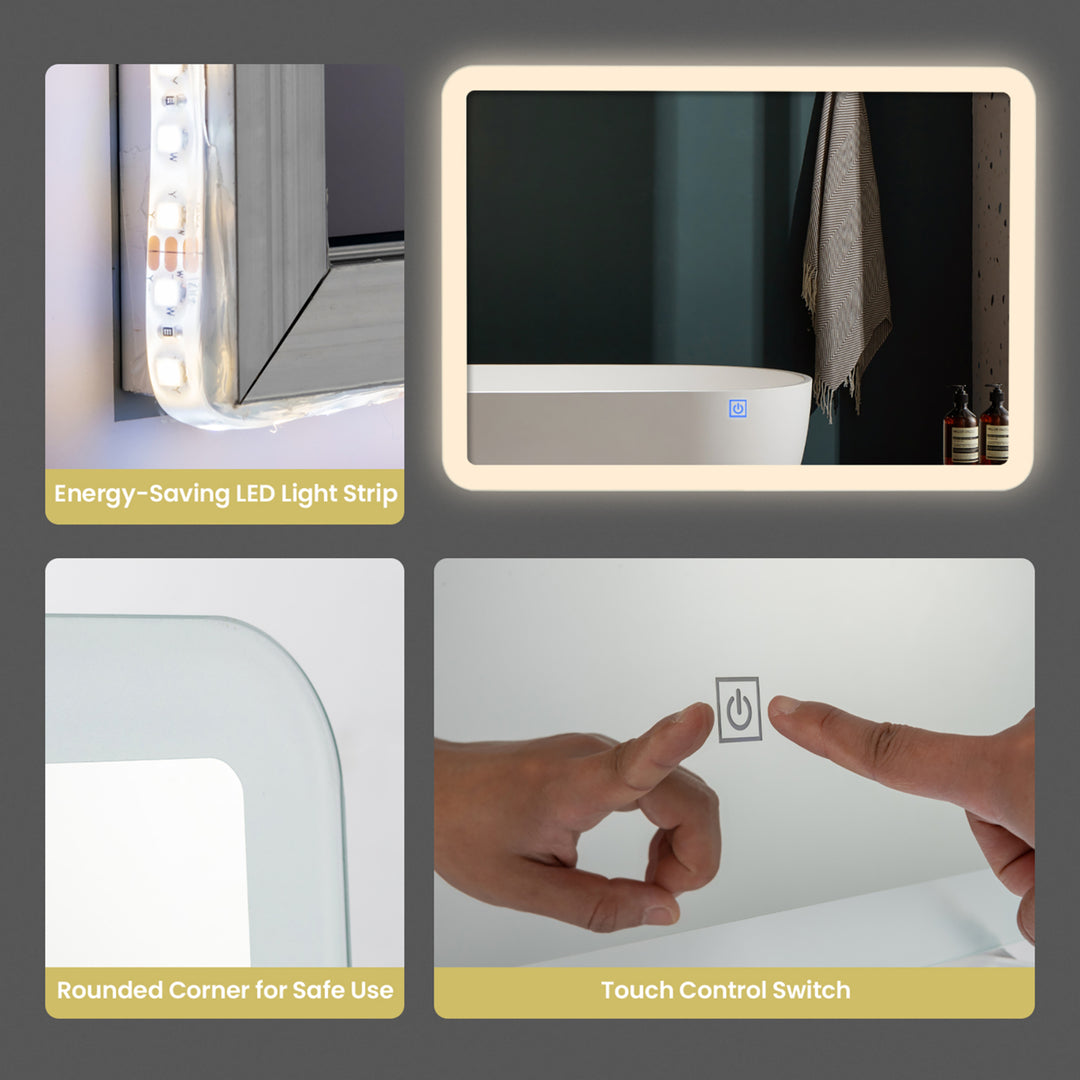 Wall Mounted Rectangle Bathroom LED Mirror Dimmable Touch 3-Color Frameless Image 9