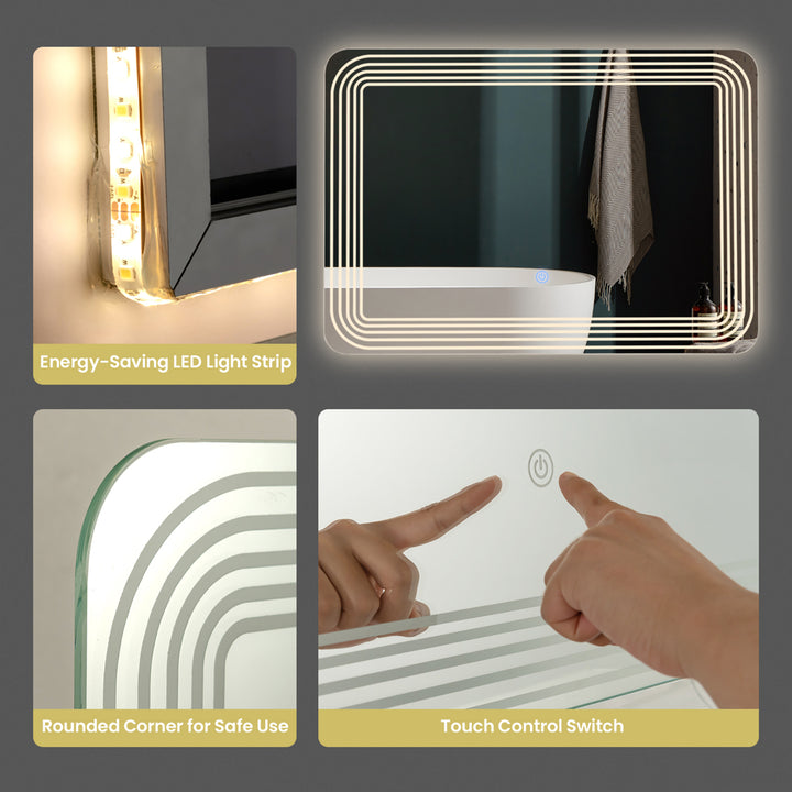 Rectangle Bathroom LED Mirror Wall Mounted 3-Color Dimmable Touch Switch Makeup Image 9