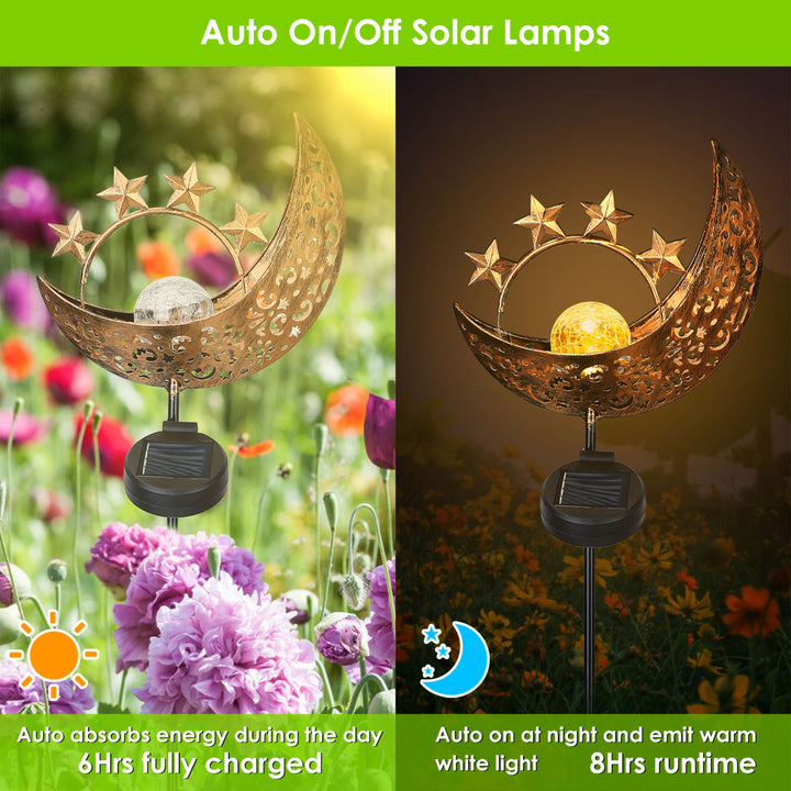 Solar Powered Stake Lamp IP54 Waterproof Decorative Sun Moon Crack Glass 2 Pack Image 1